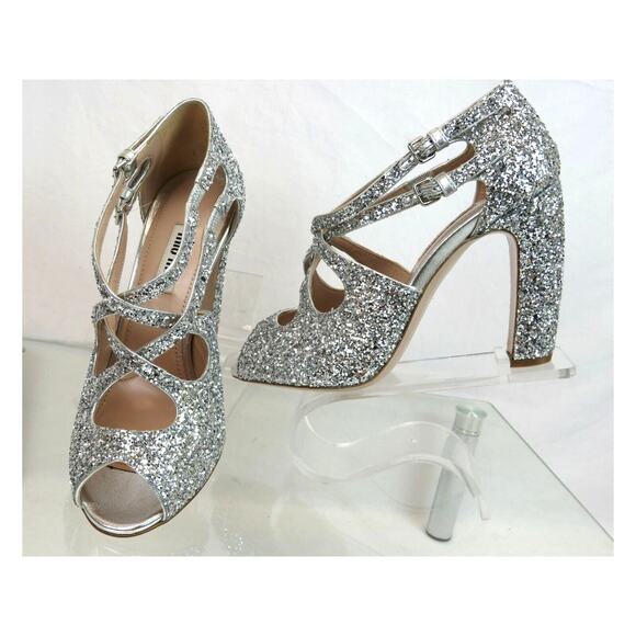 MIU MIU PRADA SILVER GLITTER LEATHER 5K880C BUCKLE CRISSCROSS PEEP TOE PUMPS 36 - Picture 2 of 12